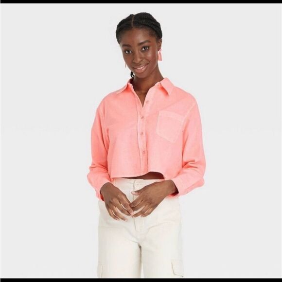 Universal Thread NEW XS Pink Long Sleeve Button Down‎ Cropped Shirt - Picture 1 of 9